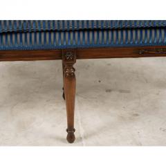 Petite Louis XVI Carved Mahogany Blue Velvet Striped Down Cushion Bench - 3974962