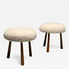 Philip Arctander Pair Contemporary Sheepskin Stools Ottomans Swedish Modern Style Shearling - 3419326