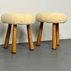 Philip Arctander Pair of Contemporary Scandinavian Modern Style Beige Sheepskin Stools Ottomans - 2888812