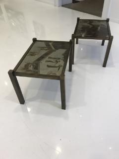 Philip and Kelvin LaVerne Pair of acid etched and patinated bronze Tao side tables - 955298