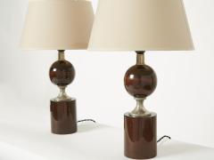 Philippe Barbier Pair of French walnut table lamps by Philippe Barbier 1970s - 2257719