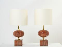 Philippe Barbier Pair of large French red travertine brass table lamps Philippe Barbier 1970s - 2627545