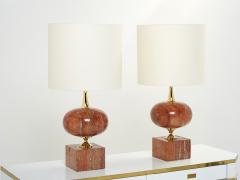 Philippe Barbier Pair of large French red travertine brass table lamps Philippe Barbier 1970s - 2627547