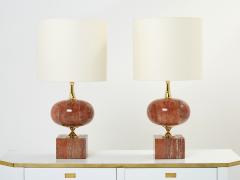 Philippe Barbier Pair of large French red travertine brass table lamps Philippe Barbier 1970s - 2627548