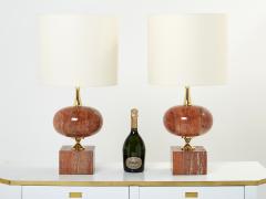 Philippe Barbier Pair of large French red travertine brass table lamps Philippe Barbier 1970s - 2627553