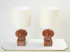 Philippe Barbier Pair of large French red travertine brass table lamps Philippe Barbier 1970s - 2627554