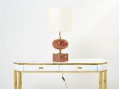 Philippe Barbier Pair of large French red travertine brass table lamps Philippe Barbier 1970s - 2627556