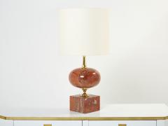 Philippe Barbier Pair of large French red travertine brass table lamps Philippe Barbier 1970s - 2627557