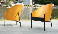 Philippe Starck Rare Pair Philippe Starck for Driade Pratfall Lounge Chairs Black Leather Oak - 3844282