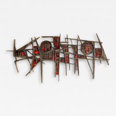 Pia Manu Pia Manu Brutalist Illuminated Wall Sculpture in Steel Red Stained Glass 1970s - 1719435