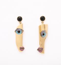 Picasso Style Diamond and Enamel Gold Face Earrings - 3154157