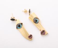 Picasso Style Diamond and Enamel Gold Face Earrings - 3154158