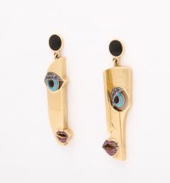 Picasso Style Diamond and Enamel Gold Face Earrings - 3154161