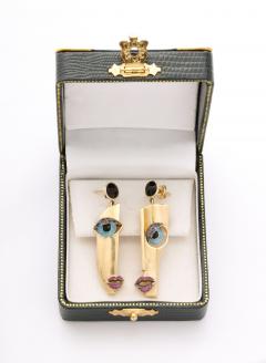 Picasso Style Diamond and Enamel Gold Face Earrings - 3154162