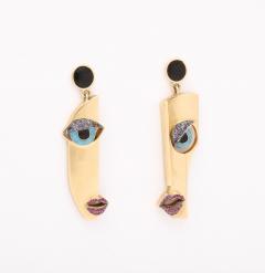 Picasso Style Diamond and Enamel Gold Face Earrings - 3154165