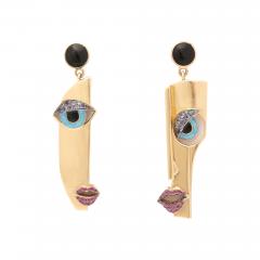 Picasso Style Diamond and Enamel Gold Face Earrings - 3160909