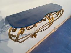 Pier Luigi Colli Italian Midcentury Blue Glass Gold Iron Console Table by Pier Luigi Colli - 3039053