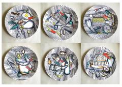Piero Fornasetti Vintage Piero Fornasetti Porcelain with Bird Hunting Objects Set of Six Plates - 2554994