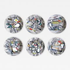 Piero Fornasetti Vintage Piero Fornasetti Porcelain with Bird Hunting Objects Set of Six Plates - 2557937