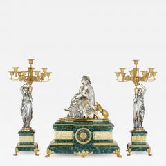 Pierre Alexandre Schoenewerk French ormolu and silvered bronze mounted malachite three piece clock set - 2023931