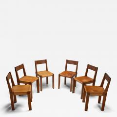 Pierre Chapo Set of Six S24 Pierre Chapo Dining Chairs in Elm and Tan Leather France 1967 - 4247175