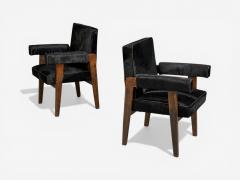 Pierre Jeanneret Pierre Jeanneret Advocate Armchairs Black Cowhide Teak Chandigarh 1960s - 4573137