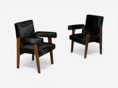 Pierre Jeanneret Pierre Jeanneret Advocate Armchairs Black Cowhide Teak Chandigarh 1960s - 4573138