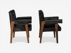 Pierre Jeanneret Pierre Jeanneret Advocate Armchairs Black Cowhide Teak Chandigarh 1960s - 4573139