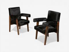 Pierre Jeanneret Pierre Jeanneret Advocate Armchairs Black Cowhide Teak Chandigarh 1960s - 4573140
