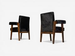 Pierre Jeanneret Pierre Jeanneret Advocate Armchairs Black Cowhide Teak Chandigarh 1960s - 4573145