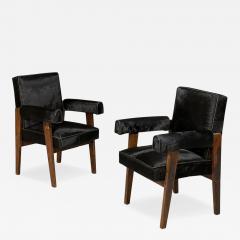 Pierre Jeanneret Pierre Jeanneret Advocate Armchairs Black Cowhide Teak Chandigarh 1960s - 4575233