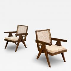 Pierre Jeanneret Pierre Jeanneret Teak Cane Low Easy Chairs Chandigarh India c 1960s - 4444036