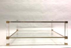 Pierre Vandel Large Square French Midcentury Double Tier Lucite and Brass Coffee Table Vandel - 1609890