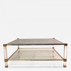 Pierre Vandel Large Square French Midcentury Double Tier Lucite and Brass Coffee Table Vandel - 1610499