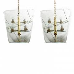 Pietro Chiesa Pair of Italian Modern Brass and Etched Glass Chandeliers Pendants Pietro Chiesa - 4161946