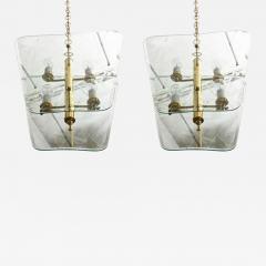 Pietro Chiesa Pair of Italian Modern Brass and Etched Glass Chandeliers Pendants Pietro Chiesa - 4167603