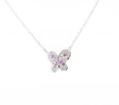 Pink Sapphire and Diamond Butterfly 14K White Gold Floating Pendant Necklace - 3513044