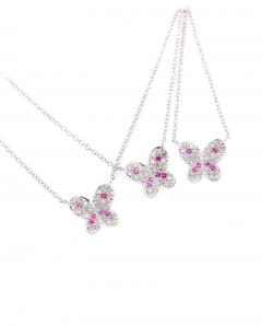 Pink Sapphire and Diamond Butterfly 14K White Gold Floating Pendant Necklace - 3513048