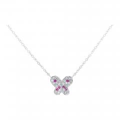 Pink Sapphire and Diamond Butterfly 14K White Gold Floating Pendant Necklace - 3610220