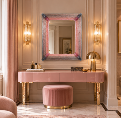 Pink and Grey Rectangular Venetian Murano Glass Mirror - 4804828