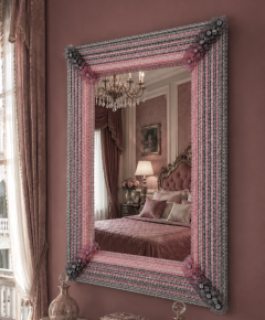 Pink and Grey Rectangular Venetian Murano Glass Mirror - 4804835