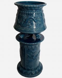 Planter with column in blue glazed earthenware St Amand France circa 1880 1900 - 4477223