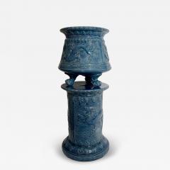 Planter with column in blue glazed earthenware St Amand France circa 1880 1900 - 4477415