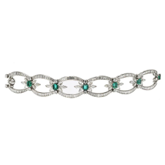 Platinum Baguette Round And Marques Cut Diamond And Green Emerald Bracelet - 3747374