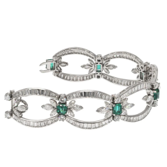 Platinum Baguette Round And Marques Cut Diamond And Green Emerald Bracelet - 3747397