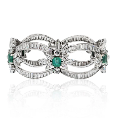 Platinum Baguette Round And Marques Cut Diamond And Green Emerald Bracelet - 3747406