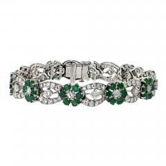 Platinum Diamond And Green Emerald Flower Bracelet - 3751239