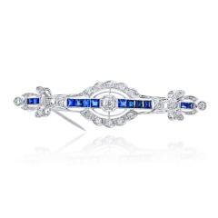 Platinum Diamond And Sapphire Old European Cut Brooch - 4596794