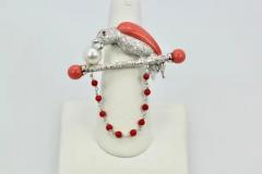 Platinum Diamond Coral Pearl Parrot Brooch Necklace on Bar Branch - 3448923