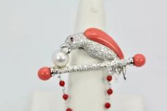 Platinum Diamond Coral Pearl Parrot Brooch Necklace on Bar Branch - 3448924